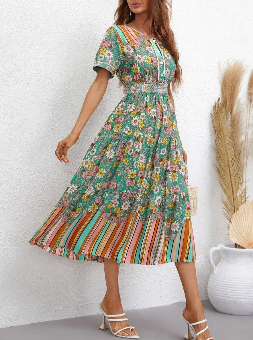 Anna-Kaci Multicolor Floral Retro Print Dress