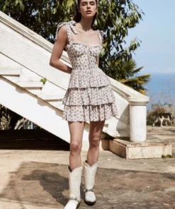 Anna-Kaci Floral Ribbon Tying Lace Up Ruffled Dress