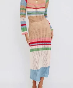 Anna-Kaci Rainbow Striped Square Neck Long Sleeved Cover-Up Dress