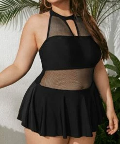 Anna-Kaci Plus High Halter Mesh Paneled Ruffled Skirt One-Piece