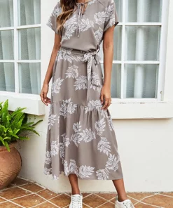 Anna-Kaci Tie Neck Leaf Print Dress