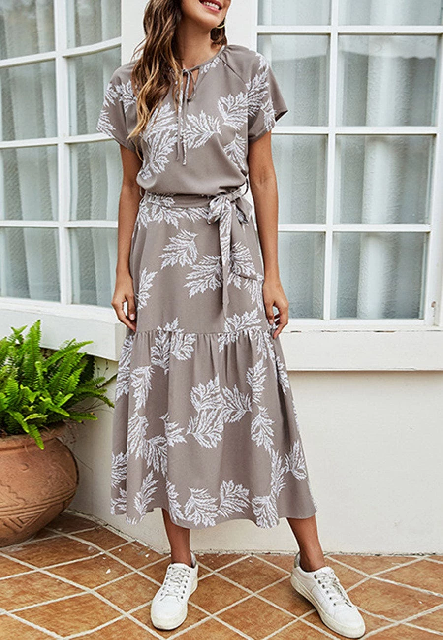 Anna-Kaci Tie Neck Leaf Print Dress - Image 3