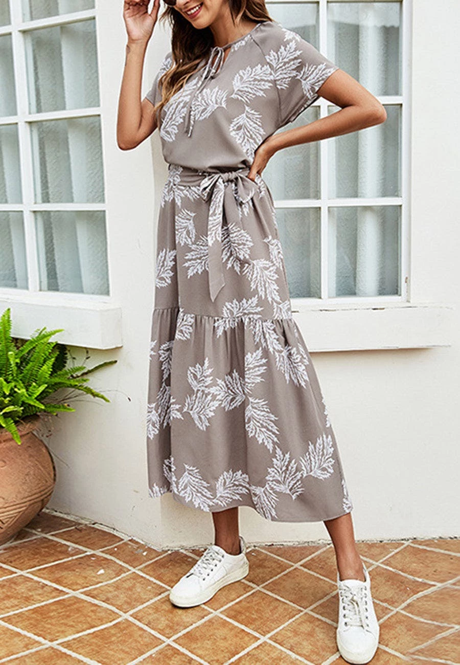 Anna-Kaci Tie Neck Leaf Print Dress - Image 2