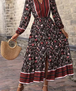 Anna-Kaci V Neck Front Slit Dress