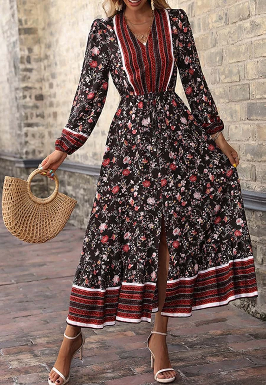 Anna-Kaci V Neck Front Slit Dress