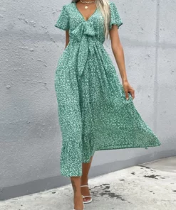 Anna-Kaci Floral Print Ribbon Front Dress