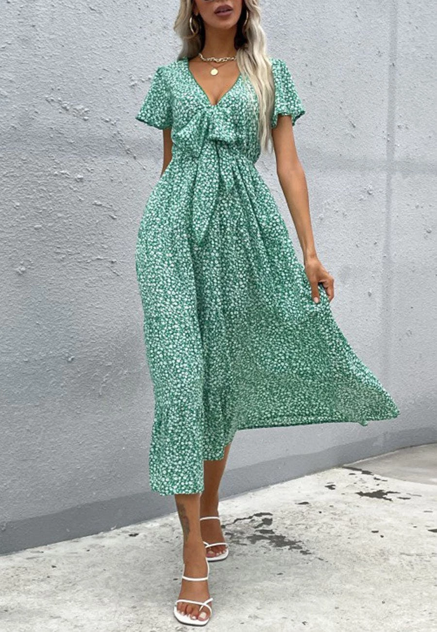 Anna-Kaci Floral Print Ribbon Front Dress