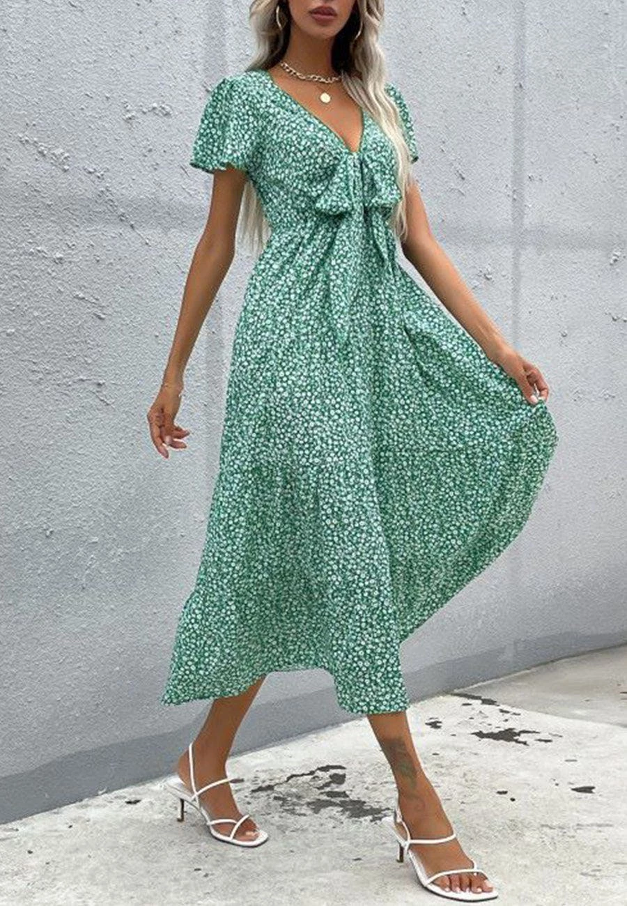 Anna-Kaci Floral Print Ribbon Front Dress - Image 3