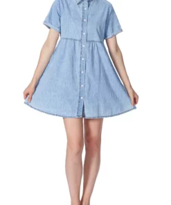 Anna-Kaci Women's Denim Shirt Dress Collared Button Down Tunic