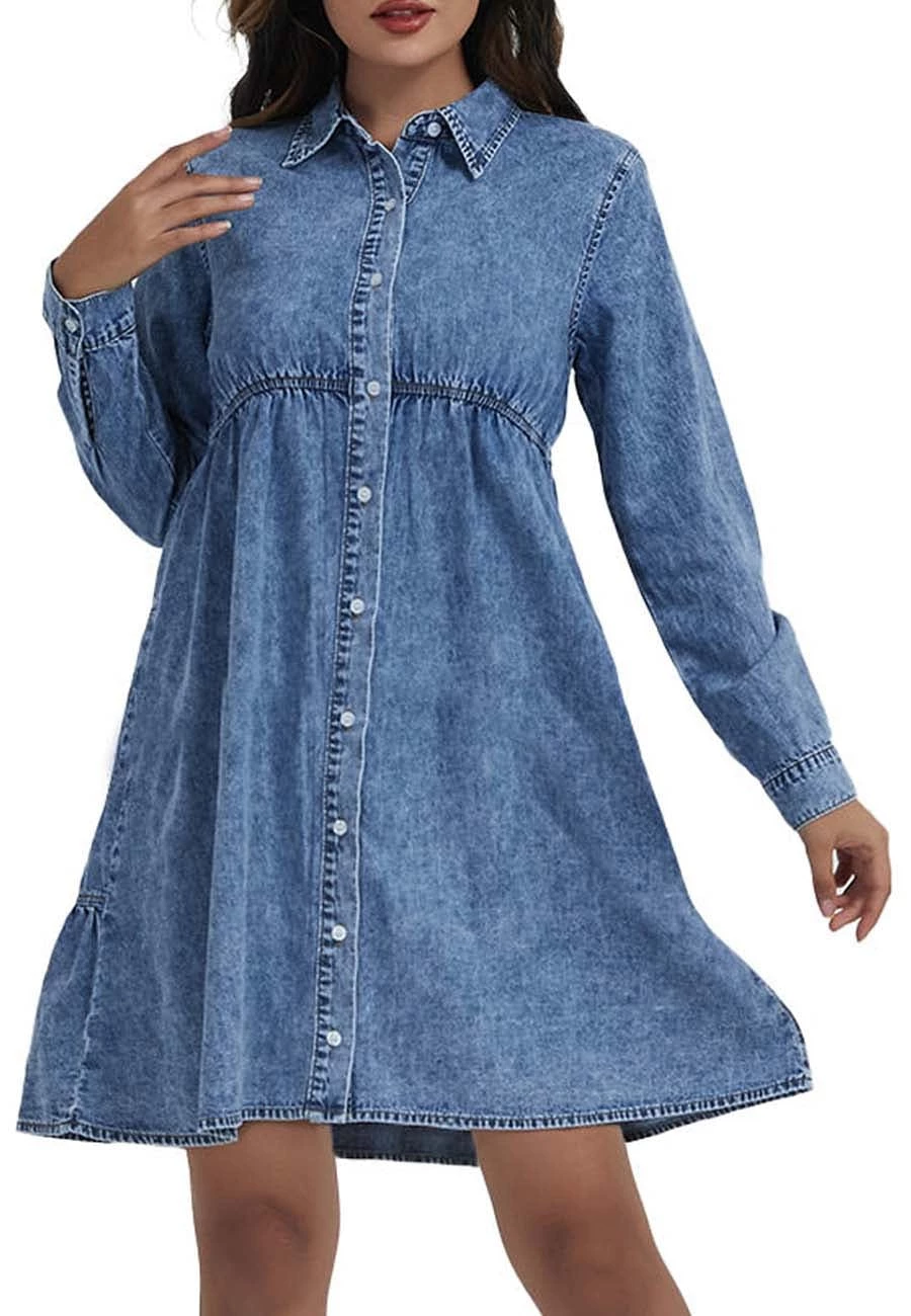 Anna-Kaci Women's Casual Long Sleeve Button Down Denim Shirt Dress - Image 2