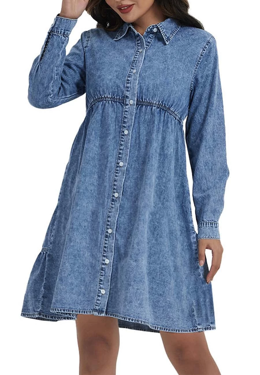 Anna-Kaci Women's Casual Long Sleeve Button Down Denim Shirt Dress - Image 3