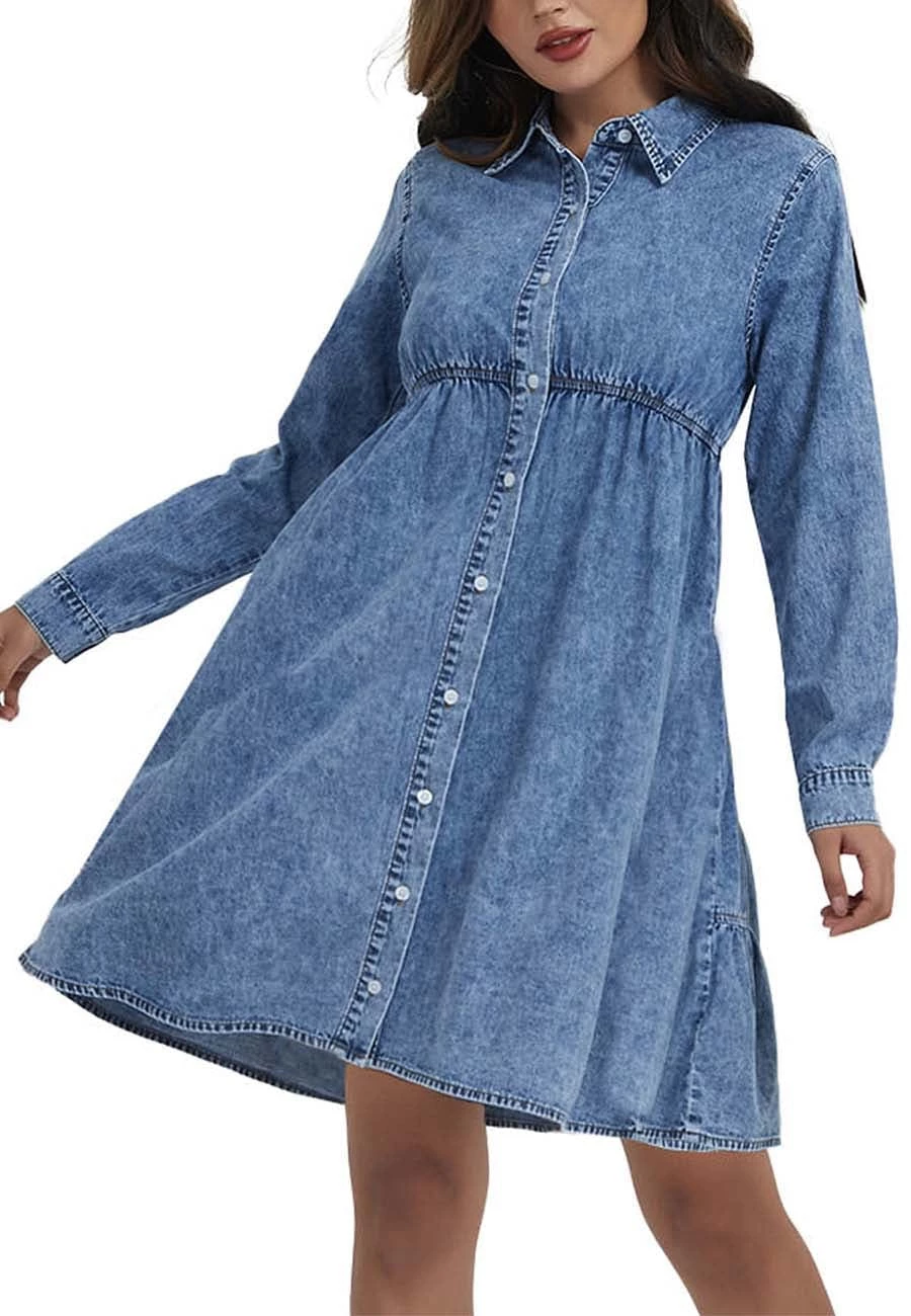 Anna-Kaci Women's Casual Long Sleeve Button Down Denim Shirt Dress