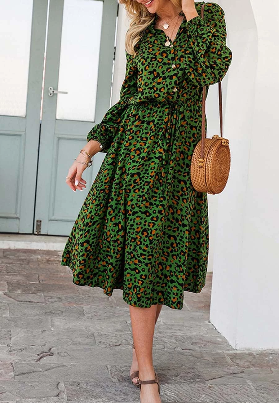 Anna-Kaci Women's Leopard Print Lantern Sleeve Tie Waist Midi Dress - Image 4