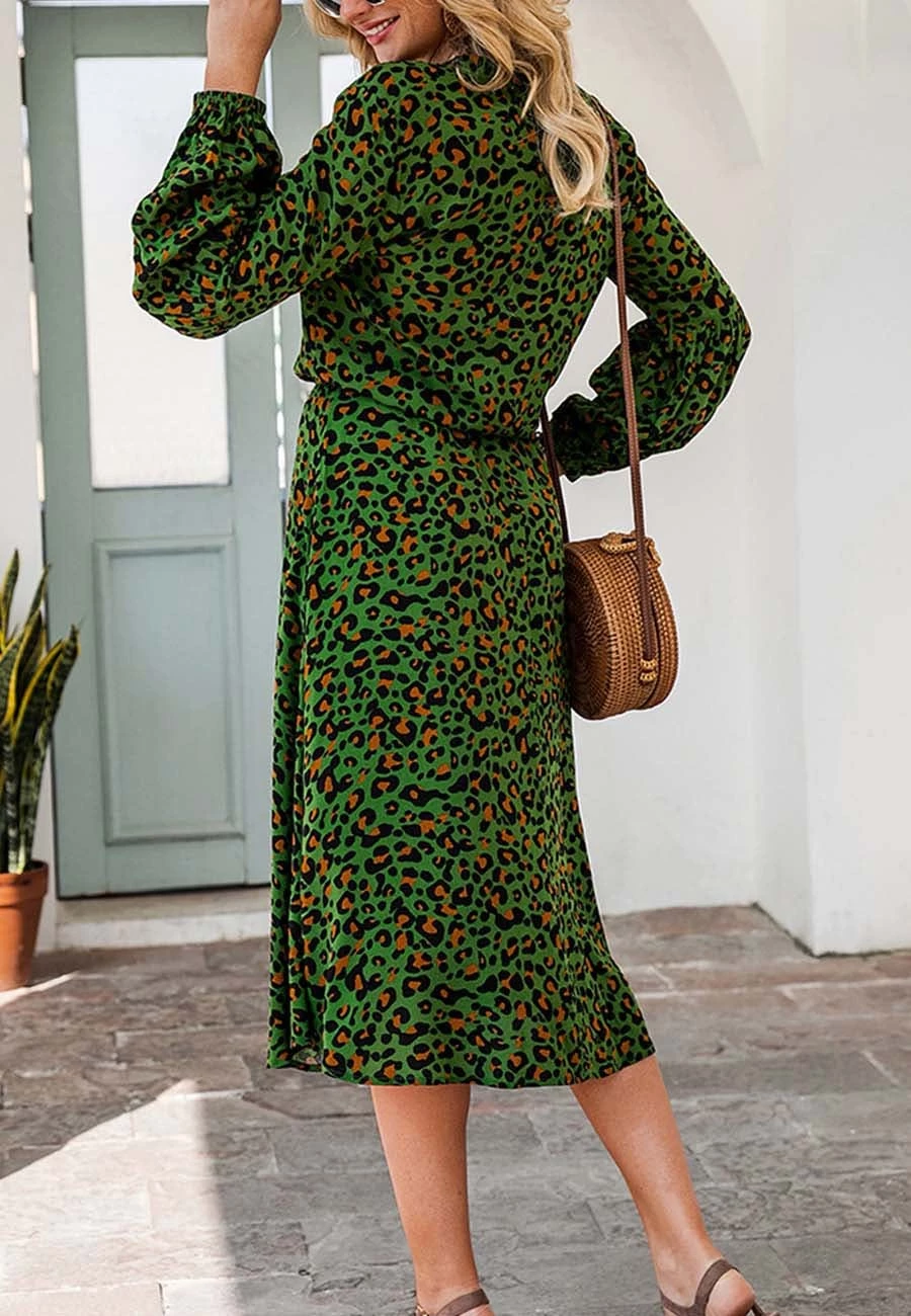 Anna-Kaci Women's Leopard Print Lantern Sleeve Tie Waist Midi Dress - Image 5