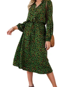 Anna-Kaci Women&apos;s Leopard Print Lantern Sleeve Tie Waist Midi Dress