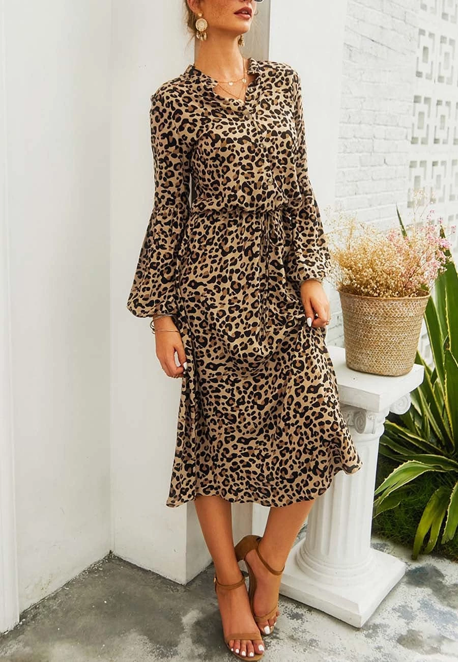 Anna-Kaci Women's Leopard Print Lantern Sleeve Tie Waist Midi Dress - Image 9