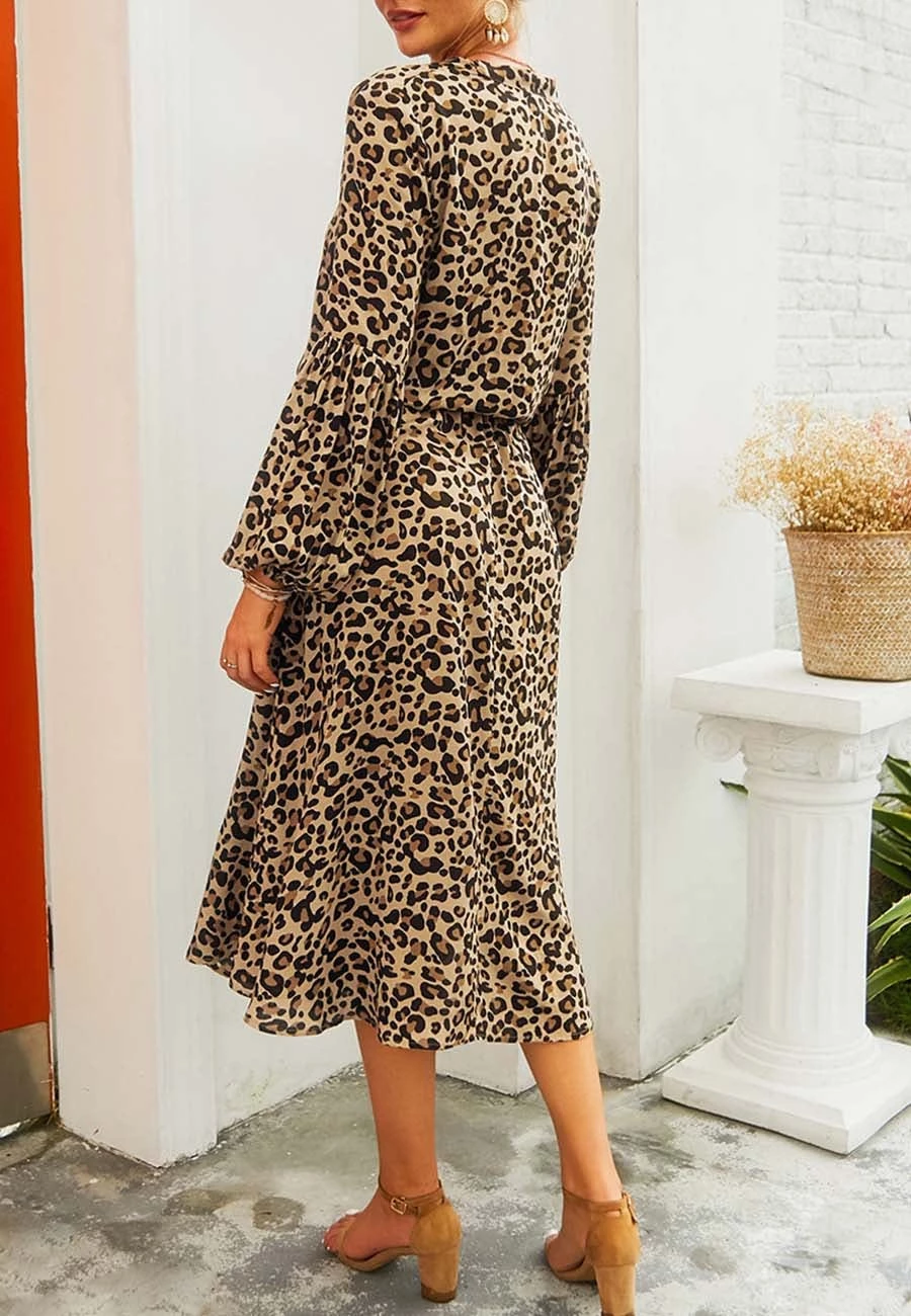 Anna-Kaci Women's Leopard Print Lantern Sleeve Tie Waist Midi Dress - Image 7