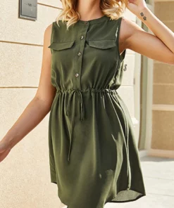 Anna-Kaci Solid Drawstring Waist Dress