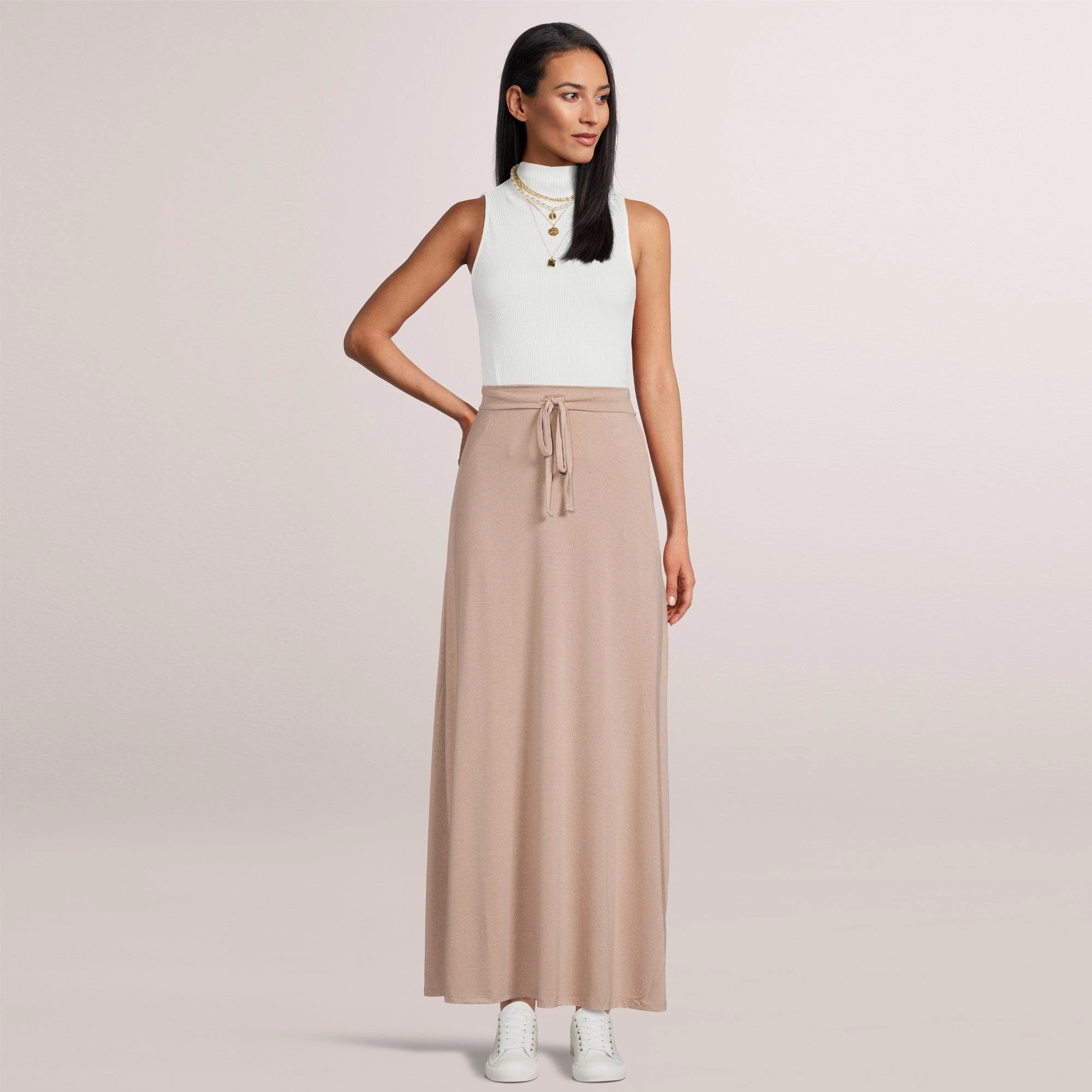 SOBEYO Women's Maxi Long Skirt Drawstring Waist Pockets Soft Comfort Fabric Taupe - Image 2