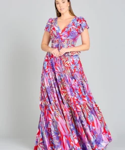 Lara 29276 - V-Neck Long Print Gown With Cap Sleeves