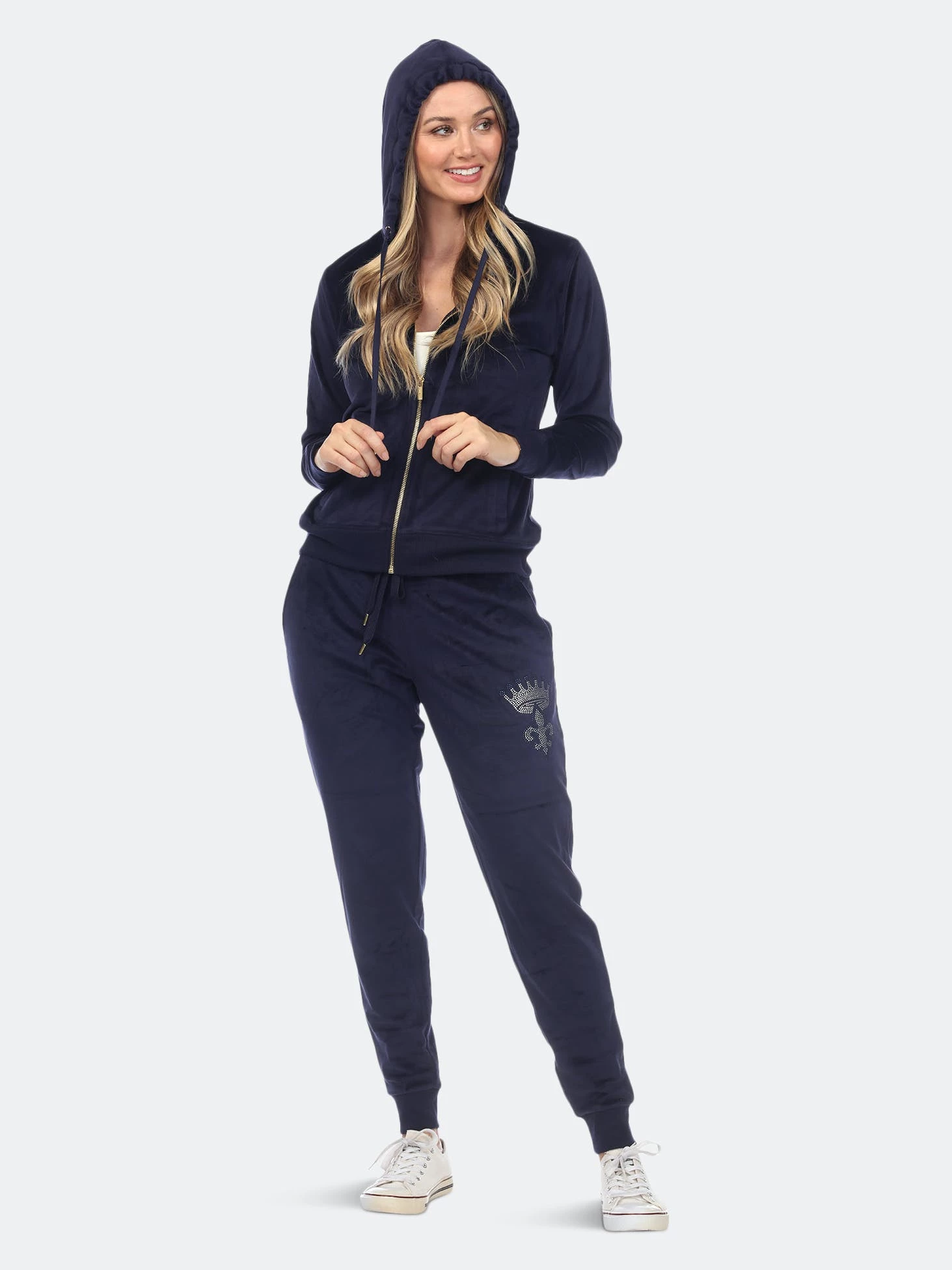 White Mark Rhinestone 2 Piece Velour Tracksuit Set - Image 2