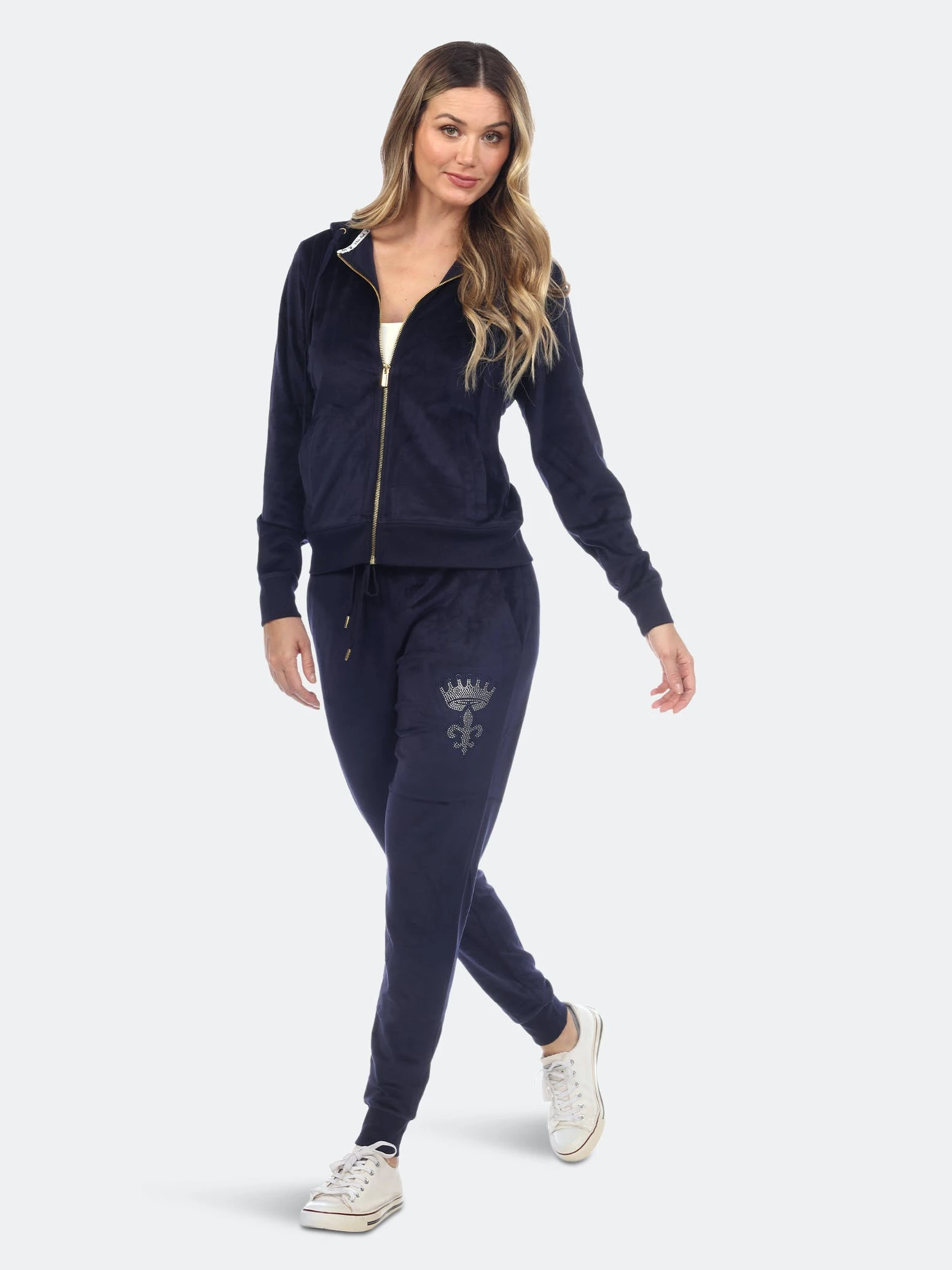 White Mark Rhinestone 2 Piece Velour Tracksuit Set - Image 3