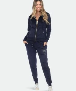 White Mark Rhinestone 2 Piece Velour Tracksuit Set