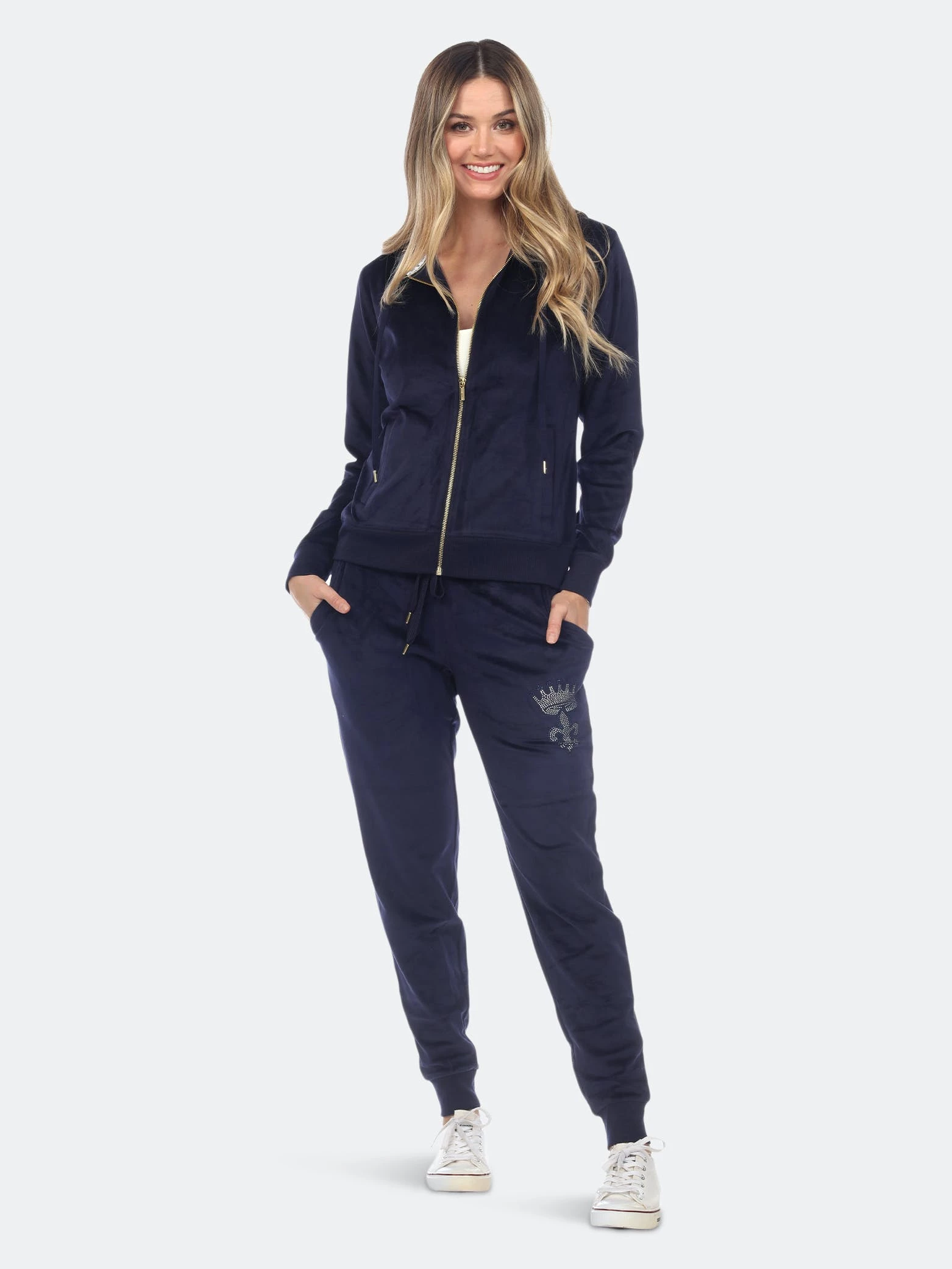 White Mark Rhinestone 2 Piece Velour Tracksuit Set