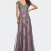 La Femme Tulle Evening Gown With Embroidery And Cap Sleeves