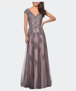 La Femme Tulle Evening Gown With Embroidery And Cap Sleeves