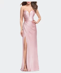 La Femme Ong Strapless Satin Prom Dress With Side Ruching