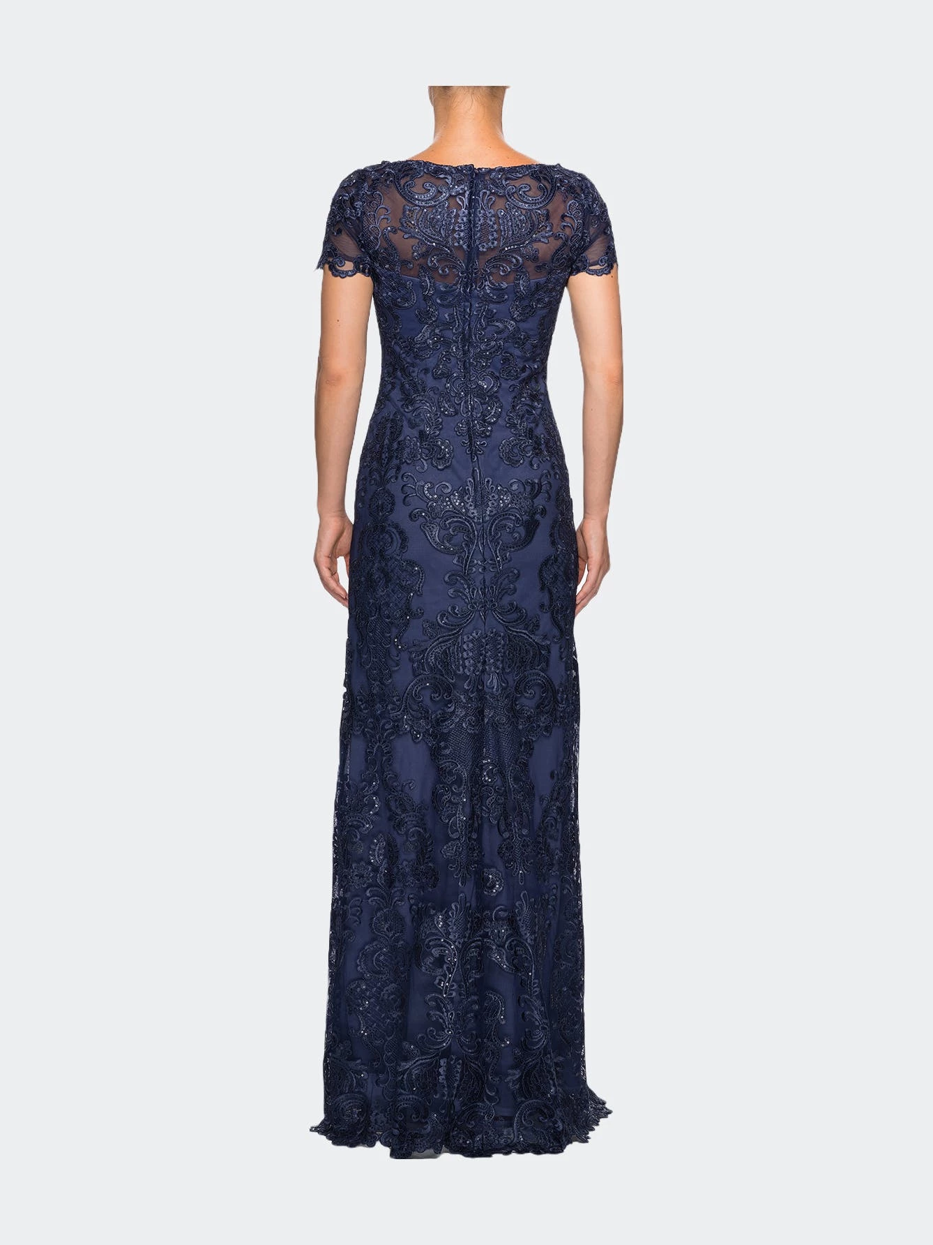 La Femme Ong Lace Dress With Rhinestones And Short Sleeves - Image 2