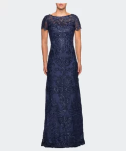 La Femme Ong Lace Dress With Rhinestones And Short Sleeves