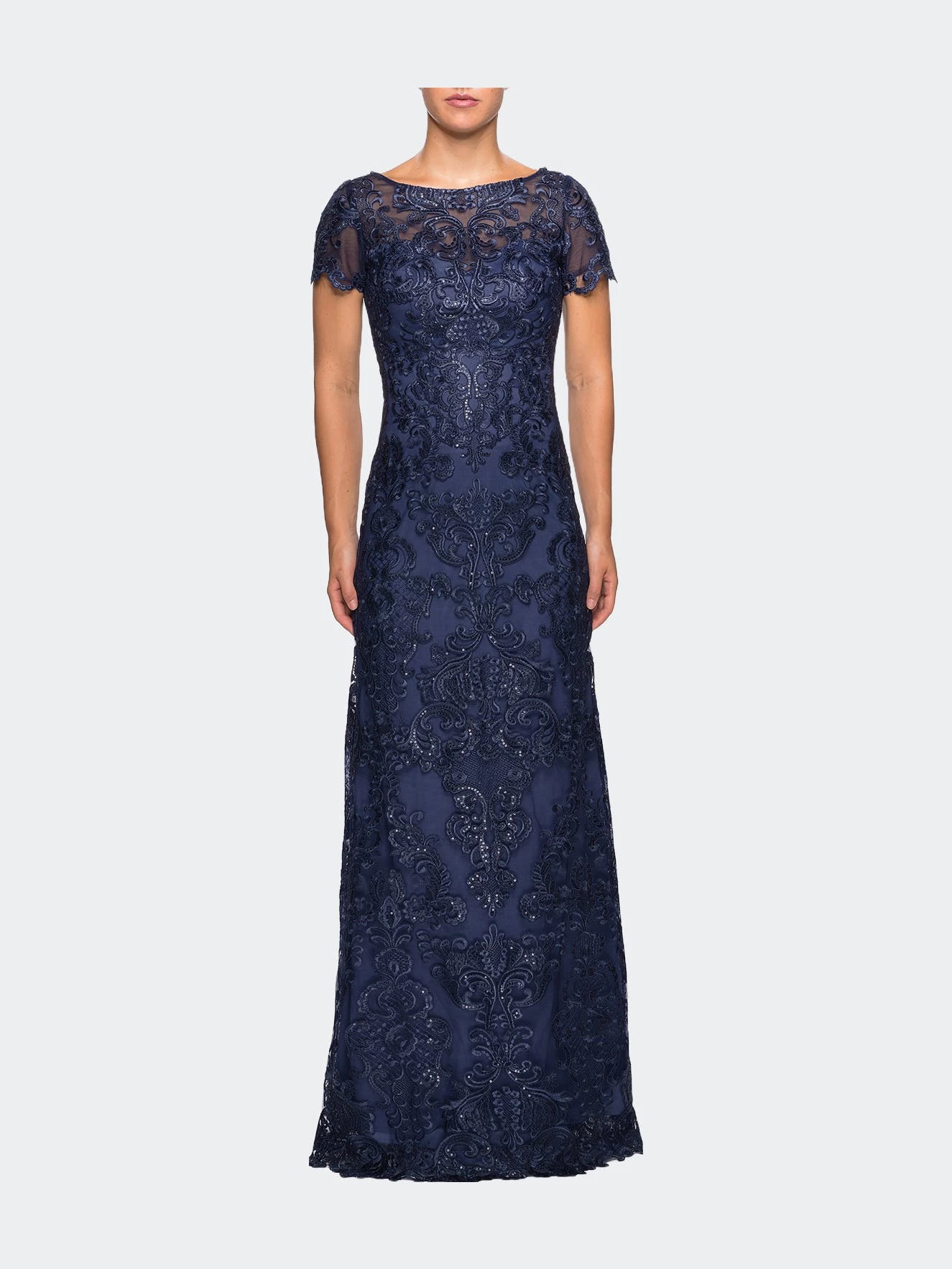 La Femme Ong Lace Dress With Rhinestones And Short Sleeves