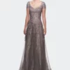 La Femme A-line Dress With Lace Detail And Sheer Cap Sleeves