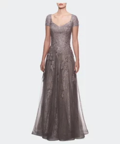 La Femme A-line Dress With Lace Detail And Sheer Cap Sleeves