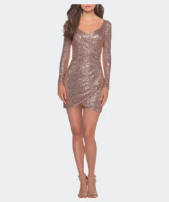 La Femme Ong Sleeve Sequin Dress With Side Ruching