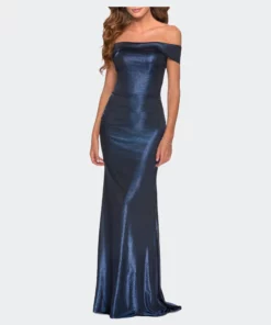 La Femme Metallic Jersey Long Off The Shoulder Prom Dress