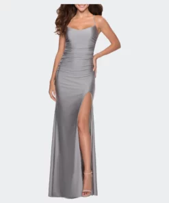 La Femme Ong Tie Up Back Jersey Prom Dress With Slit