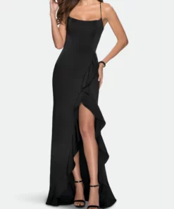La Femme Ruffle Prom Dress With Scoop Neck And Lace Up Back