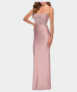 La Femme Jersey Prom Dress With Lace Bodice And Rhinestones