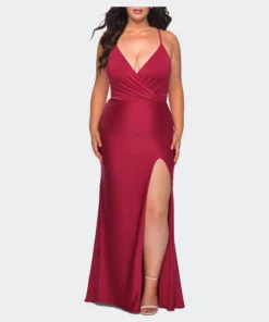 La Femme Jersey Dress For Curves With Slit And Criss Cross Back