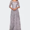 La Femme Cap Sleeve Long Evening Gown With Lace Detailing