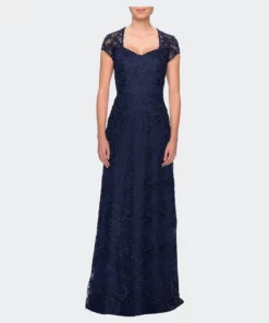 La Femme Cap Sleeve Floral Gown With Sweetheart Neckline