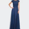 La Femme Chiffon Dress With Lace Bodice And Cap Sleeves