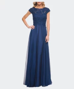 La Femme Chiffon Dress With Lace Bodice And Cap Sleeves