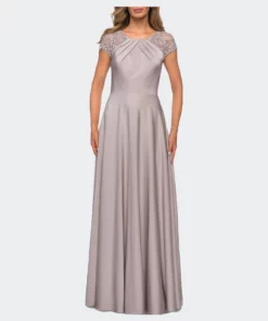La Femme Ong Satin Dress With Sheer Floral Lace Cap Sleeves