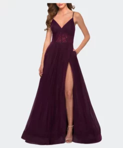 La Femme A Line Tulle Prom Dress With Sheer Bodice