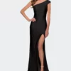 La Femme One Shoulder Shiny Ruched Jersey Dress With Slit