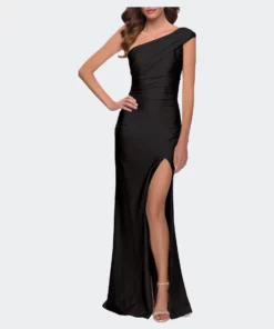 La Femme One Shoulder Shiny Ruched Jersey Dress With Slit
